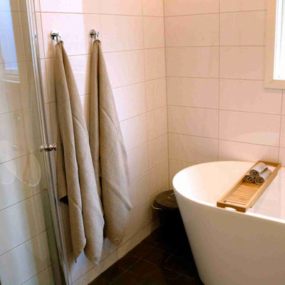 Beige linen bath towels - bathroom