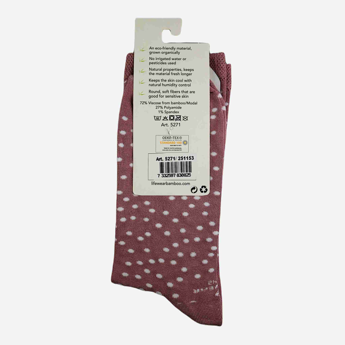 Womens pink bamboo socks with white dots